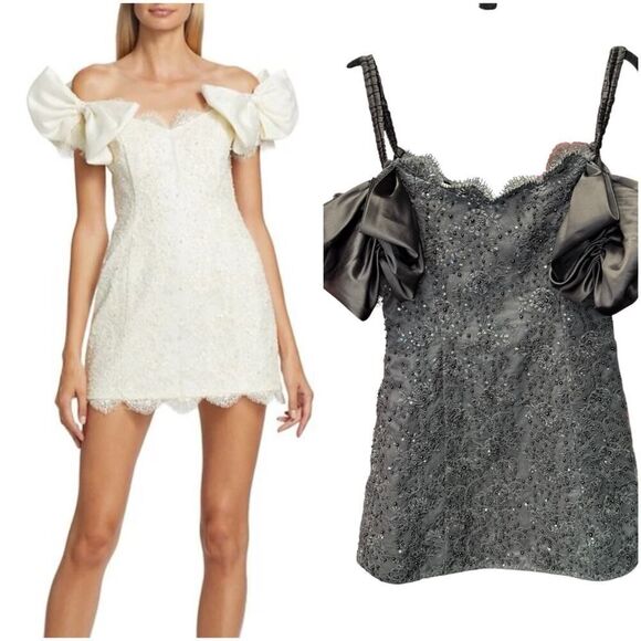 LoveShackFancy Kakena Off-The-Shoulder Beaded Minidress Black Small - Picture 1 of 14
